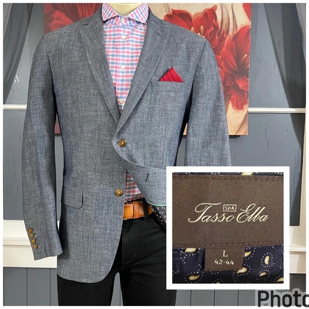 Tasso Elba Blazer Mens sz Large (42R-44R) Chambray Cotton Sport‎ Coat Jacket
